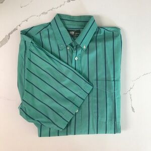Henry Cotton’s 💯 % Cotton Men’s Short Sleeve Green and Navy Striped Shirt 16.5”